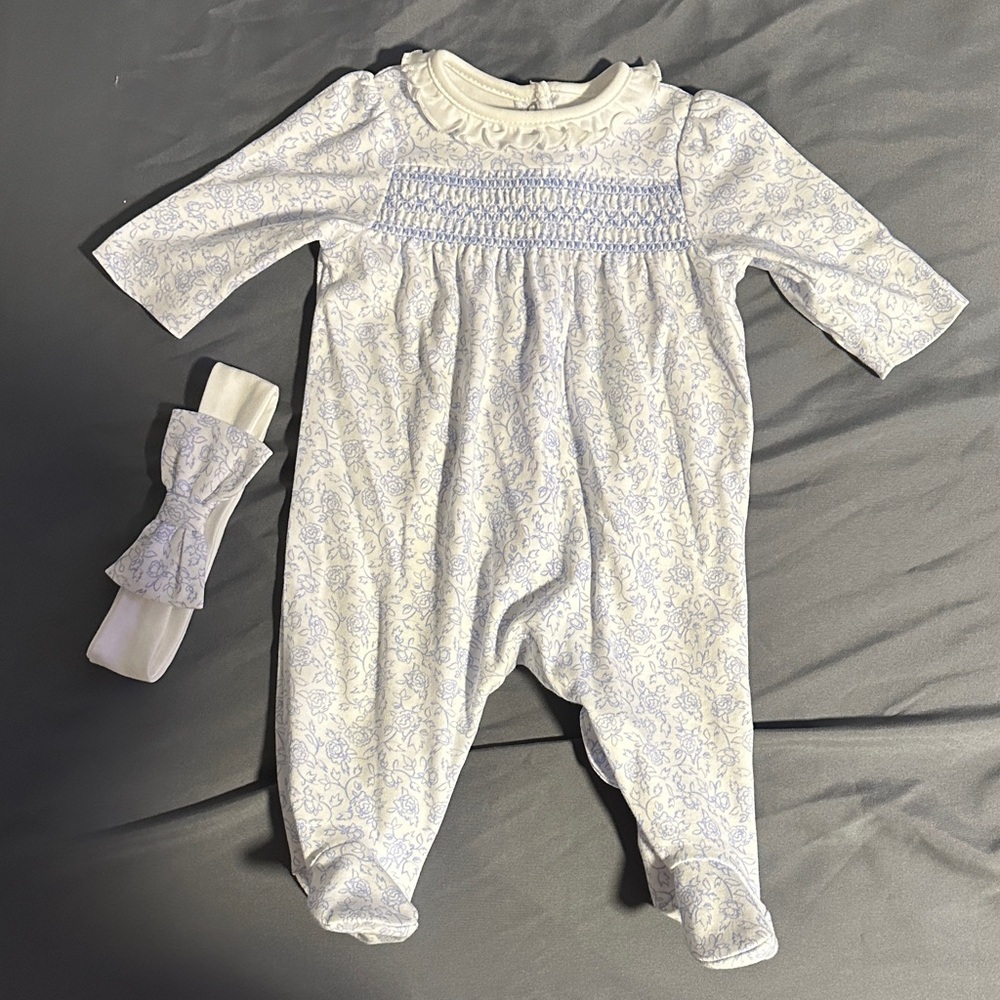Little Me Blue and White Floral Footie